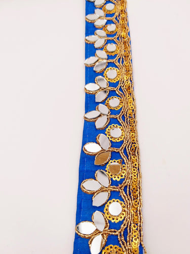 Royal Blue Silk Trim With Mirrors Embellishments and Gold Embroidery, Approx. 34mm Wide, Decorative Trim Costume Trim Fashion Trim By Yard